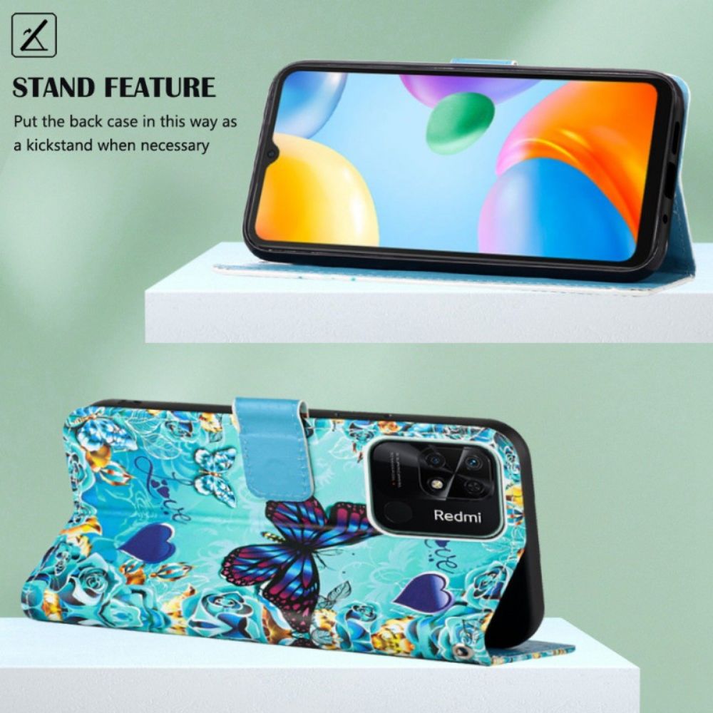 Flip Case Für Xiaomi Redmi 10C Mit Kordel Fliegende Riemenschmetterlinge