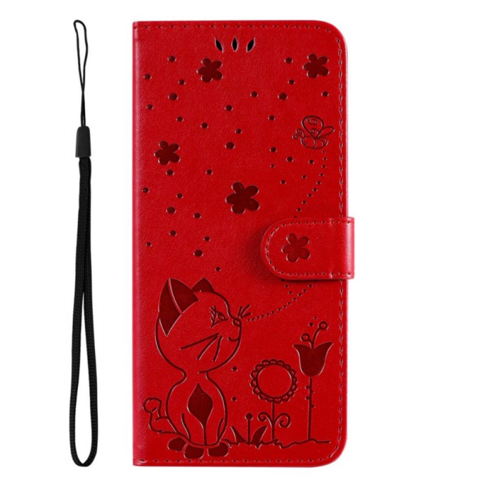 Flip Case Für Xiaomi Redmi 10C Mit Kordel Katze Und Bienen Im Tragegurt