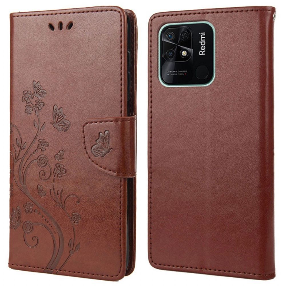 Flip Case Für Xiaomi Redmi 10C Mit Kordel Tanga Schmetterlinge Und Blumen