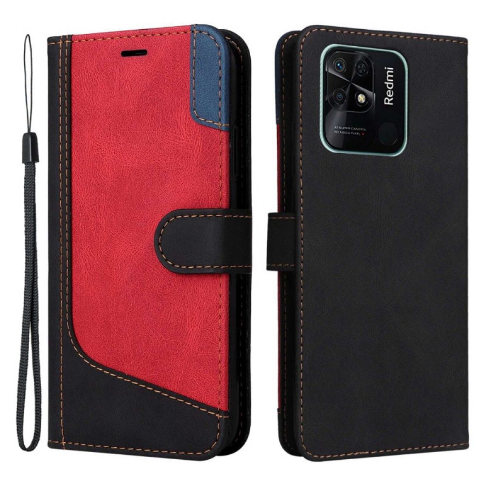 Flip Case Für Xiaomi Redmi 10C Mit Kordel Tricolor Riemchen