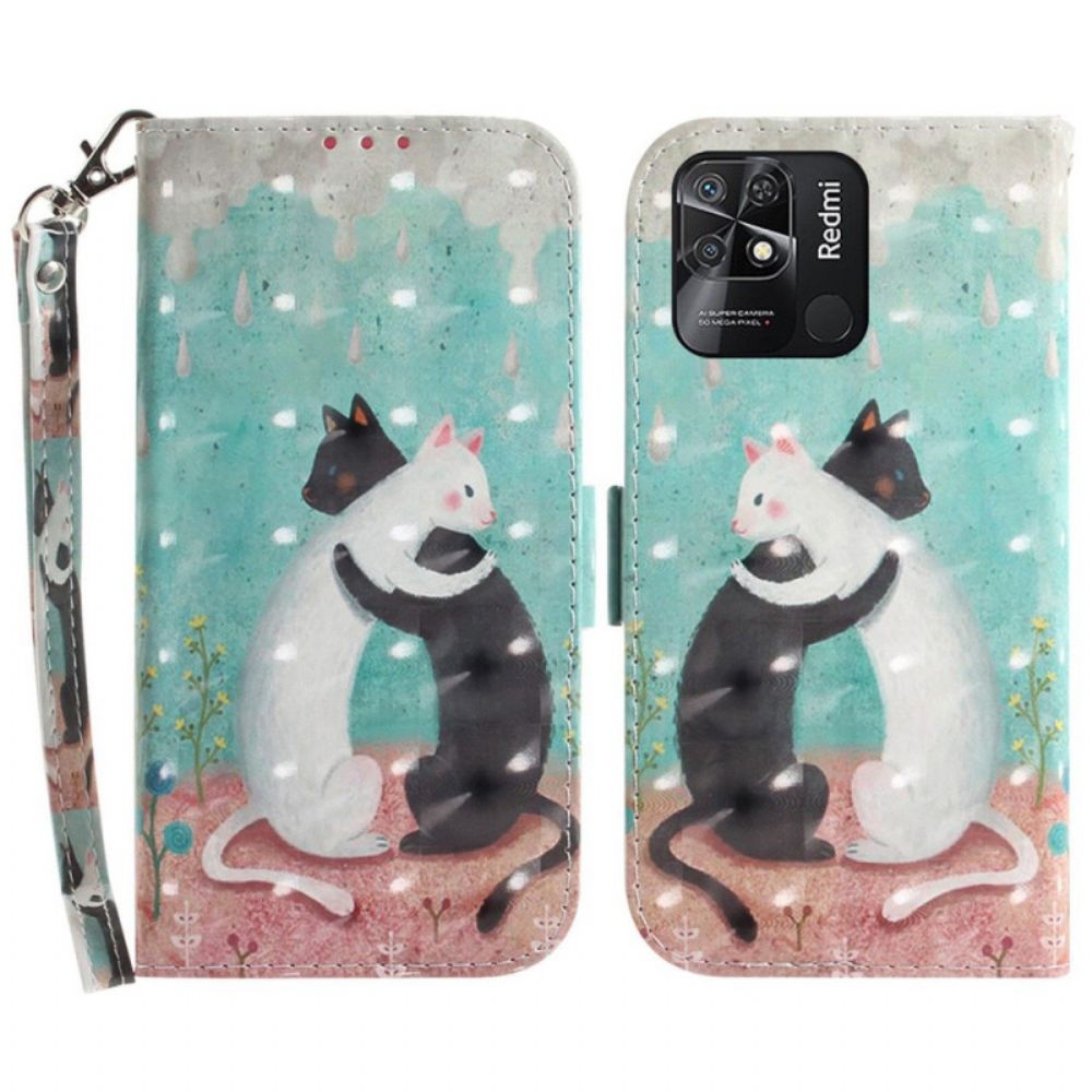 Flip Case Für Xiaomi Redmi 10C Mit Kordel Weiße Katze Schwarze Katze Mit Riemen