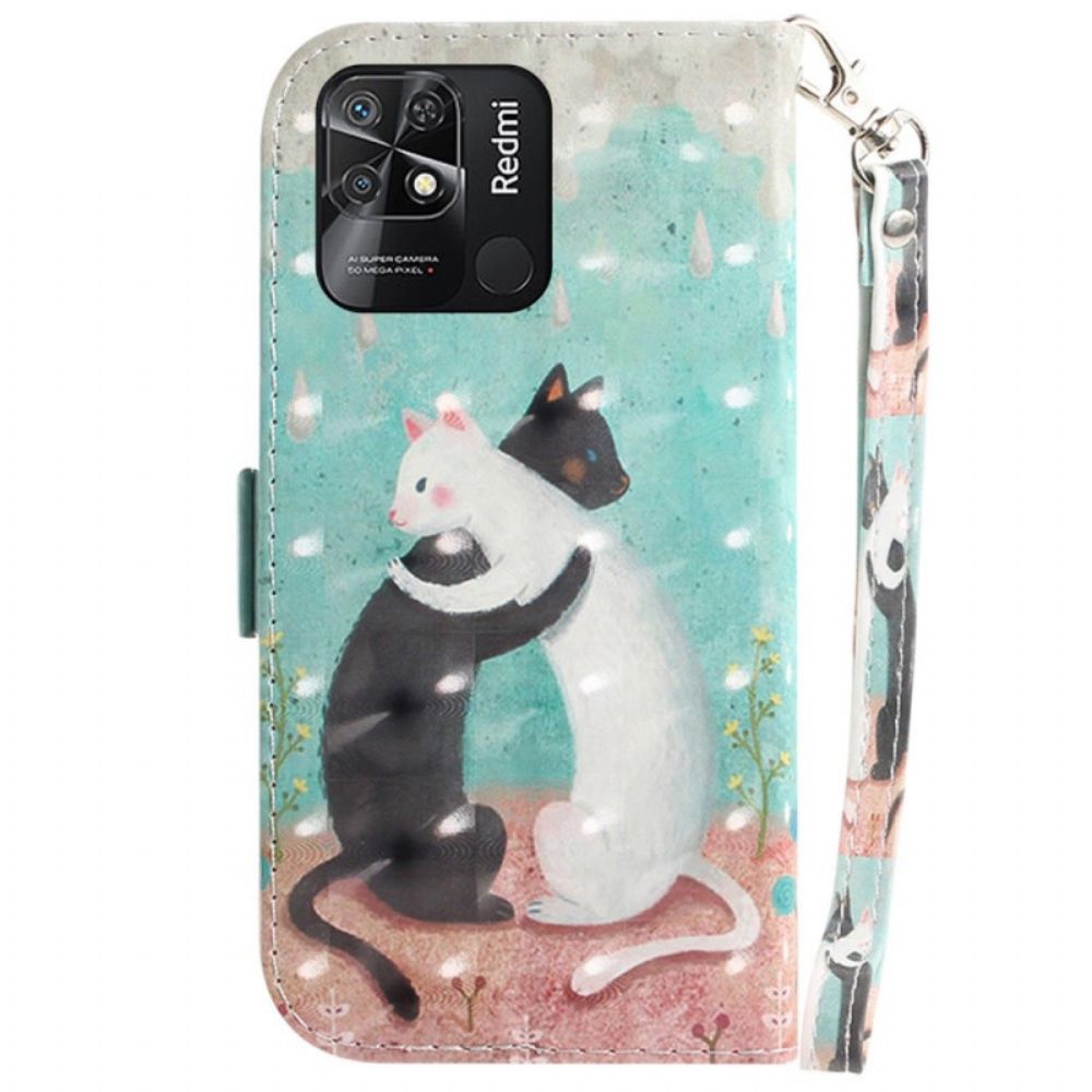 Flip Case Für Xiaomi Redmi 10C Mit Kordel Weiße Katze Schwarze Katze Mit Riemen