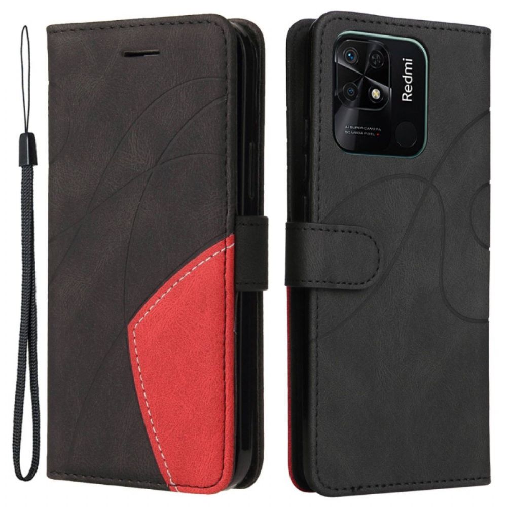 Flip Case Für Xiaomi Redmi 10C Mit Kordel Zweifarbiger Riemen