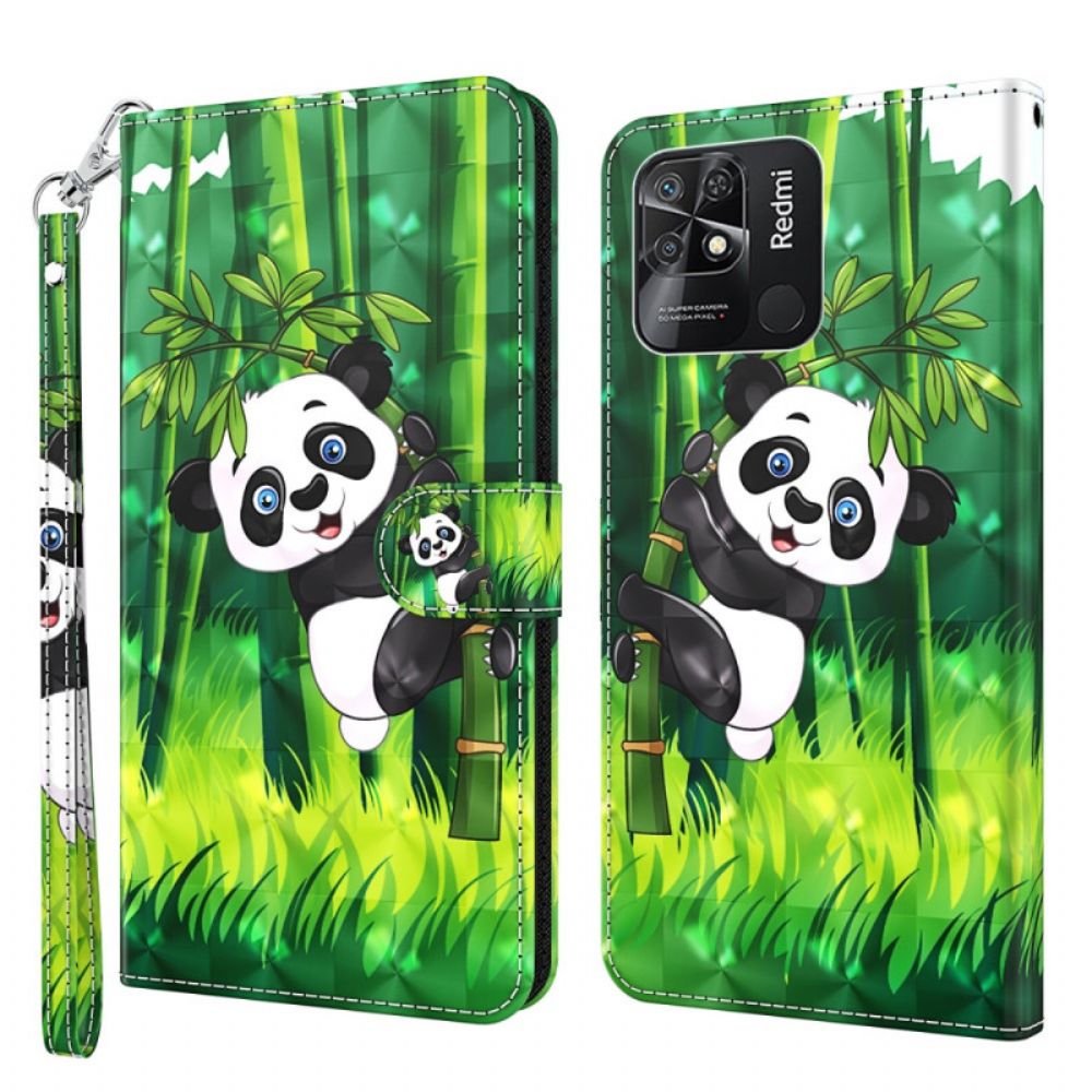 Lederhüllen Für Xiaomi Redmi 10C Mit Kordel Bambus-panda Mit Riemen