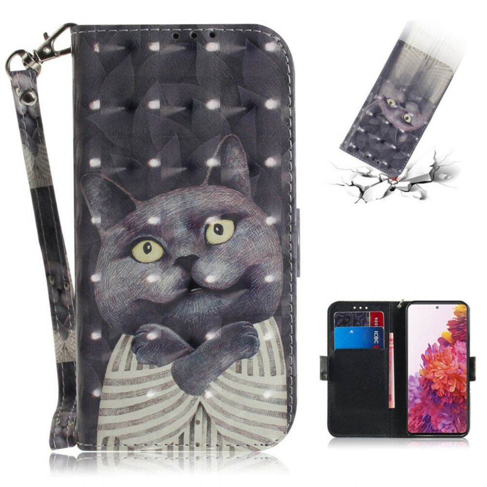 Flip Case Für Samsung Galaxy S20 FE Mit Kordel Graue Riemchenkatze