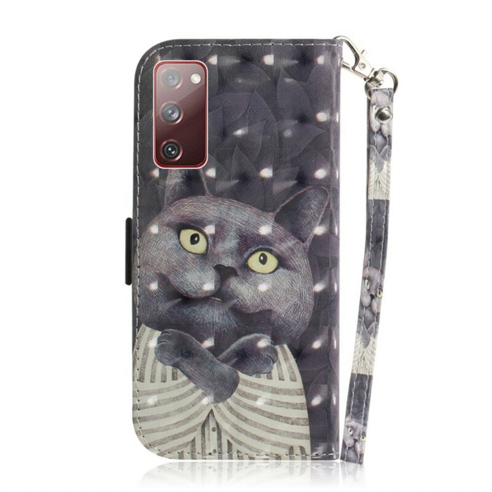 Flip Case Für Samsung Galaxy S20 FE Mit Kordel Graue Riemchenkatze