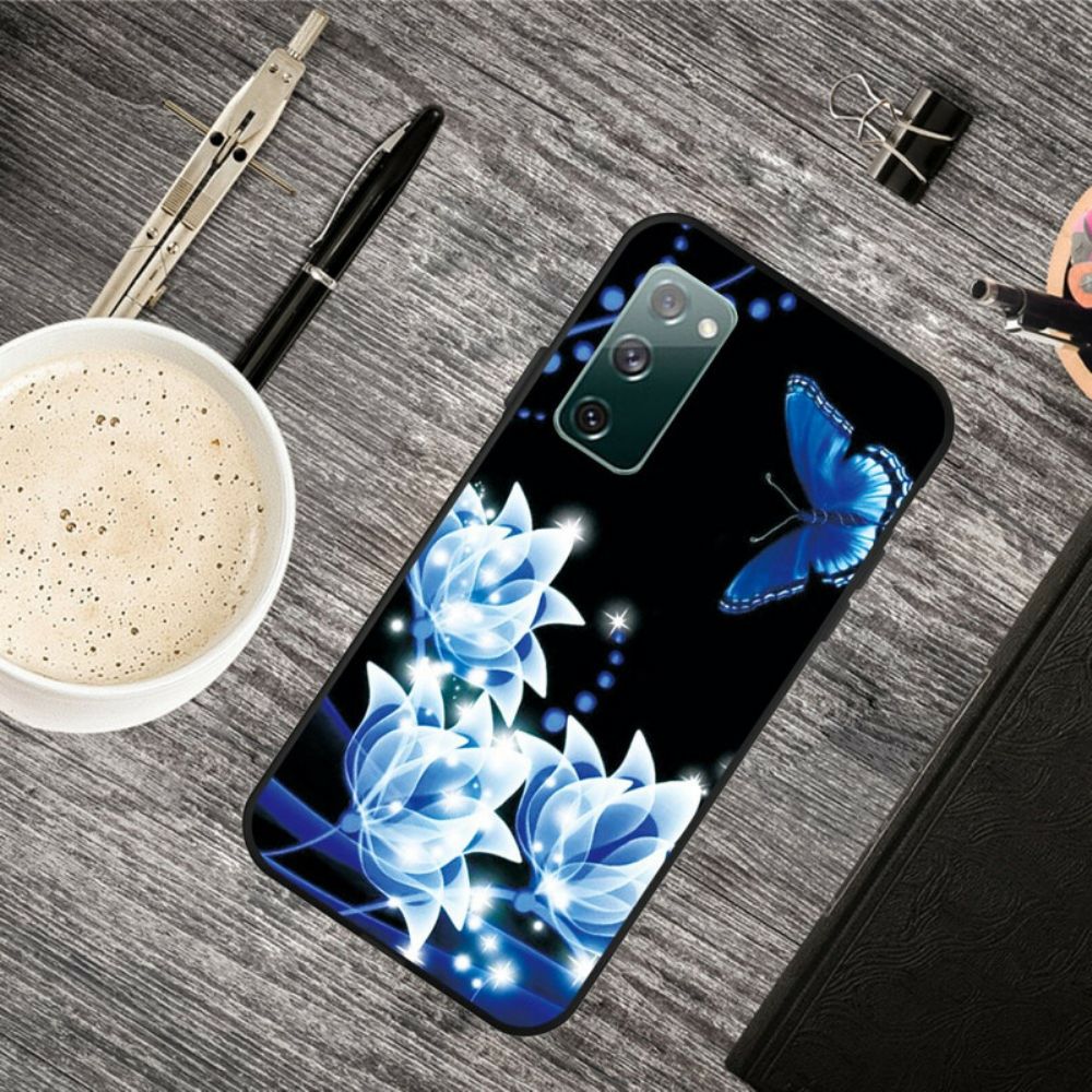 Handyhülle Für Samsung Galaxy S20 FE Schmetterling Und Blaue Blumen