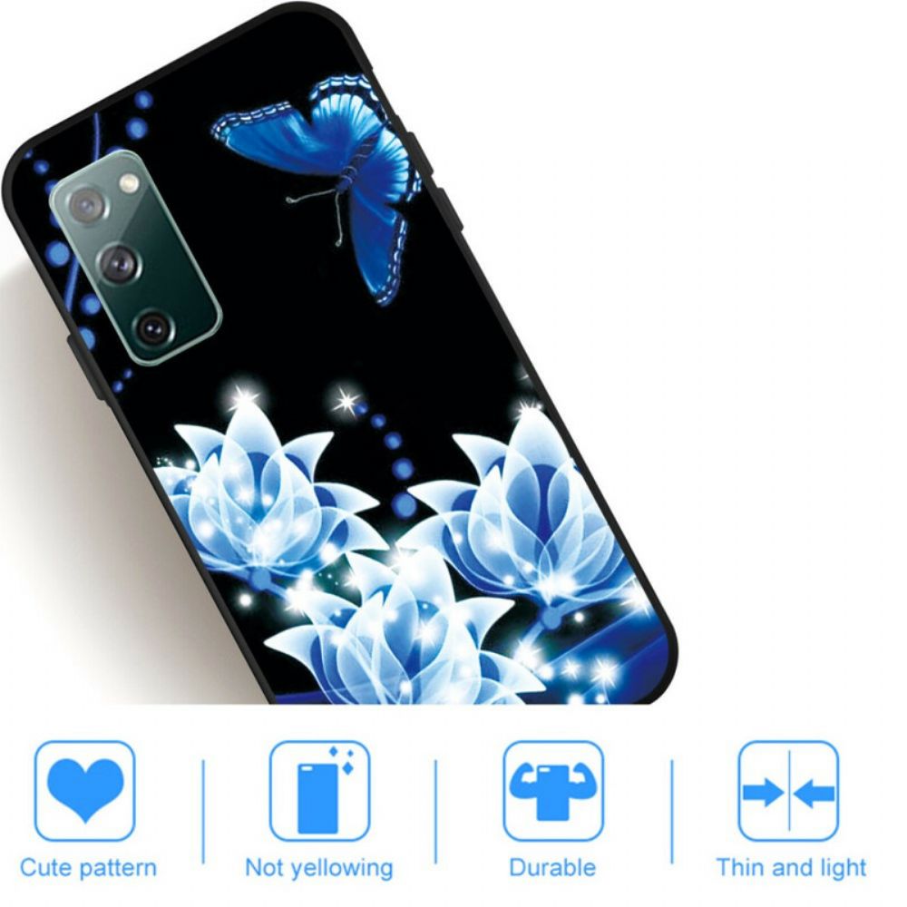 Handyhülle Für Samsung Galaxy S20 FE Schmetterling Und Blaue Blumen