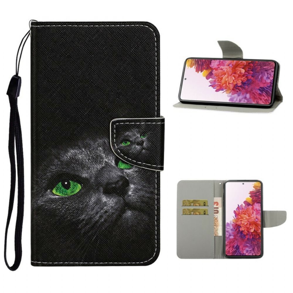 Lederhüllen Für Samsung Galaxy S20 FE Grünäugige Katze Mit Lanyard