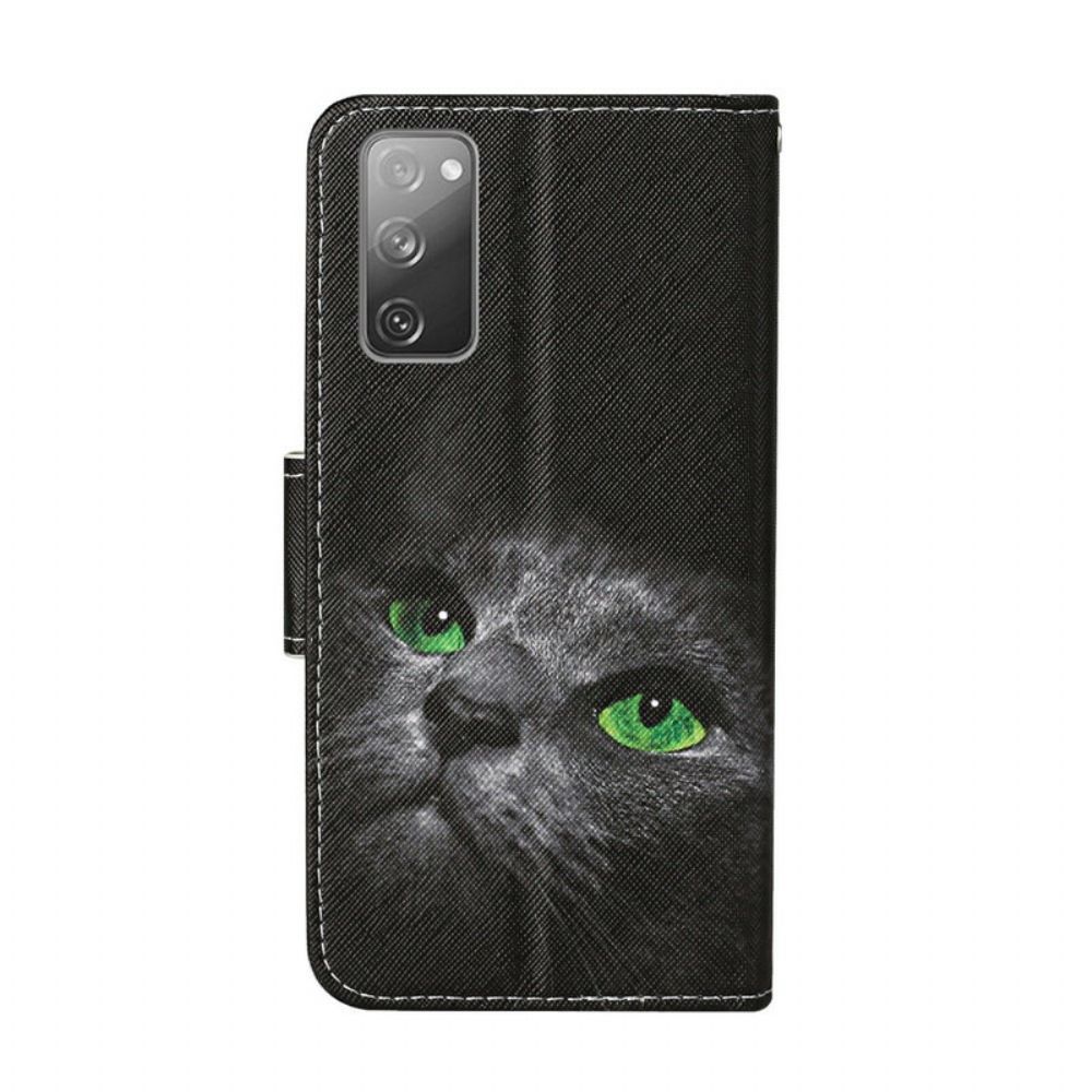 Lederhüllen Für Samsung Galaxy S20 FE Grünäugige Katze Mit Lanyard