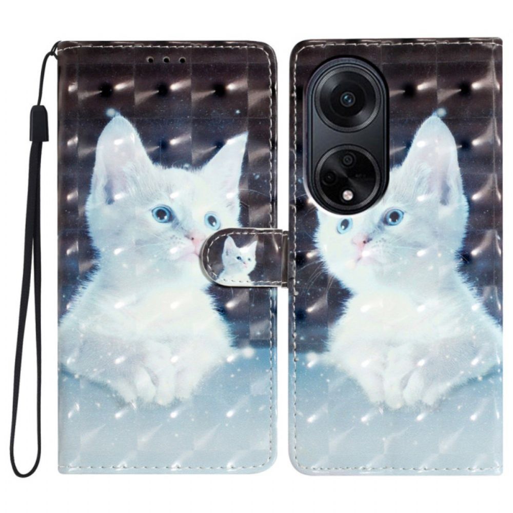 Lederhüllen Für Oppo A98 5g Weiße 3d-katze Mit Riemen