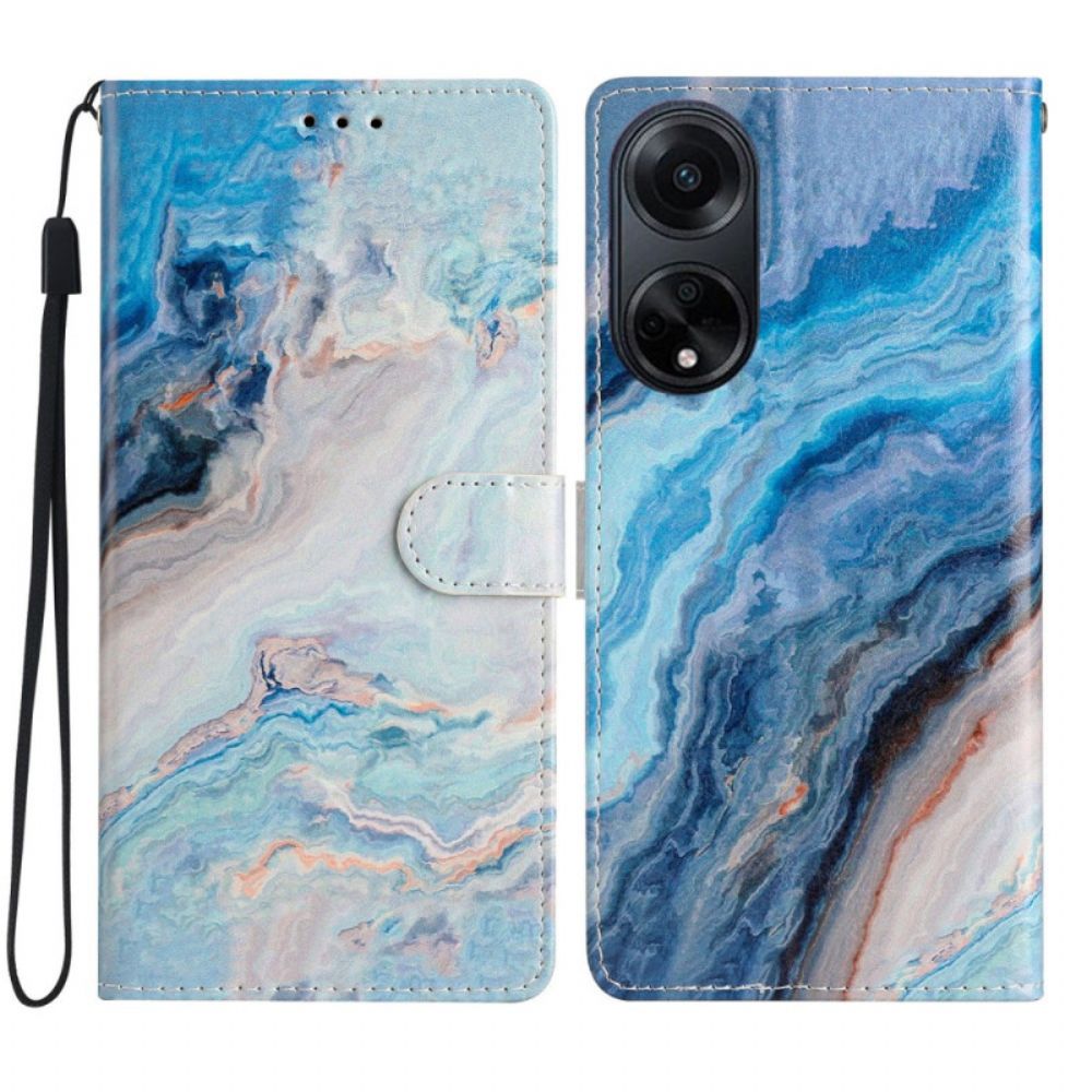 Lederhüllen Oppo A98 5g Handyhülle Blauer Marmor Mit Riemen