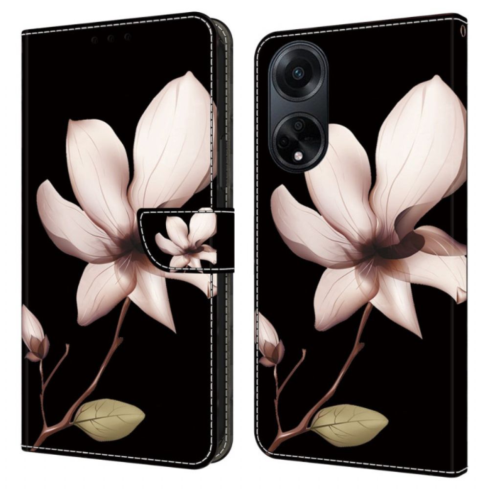 Lederhüllen Oppo A98 5g Rosa Blume Auf Schwarzem Hintergrund