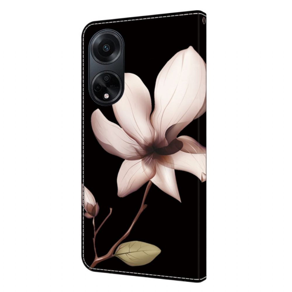 Lederhüllen Oppo A98 5g Rosa Blume Auf Schwarzem Hintergrund