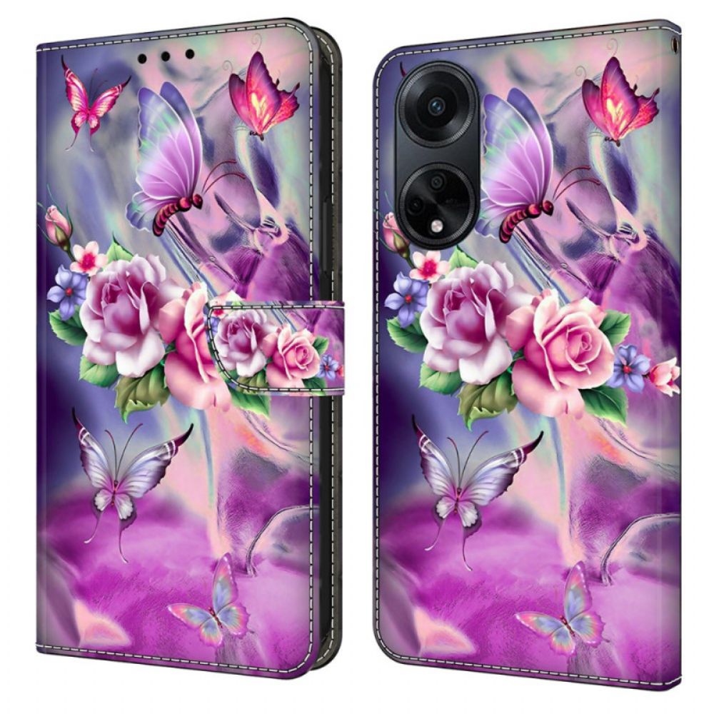 Lederhüllen Oppo A98 5g Schmetterlinge Und Violette Blumen