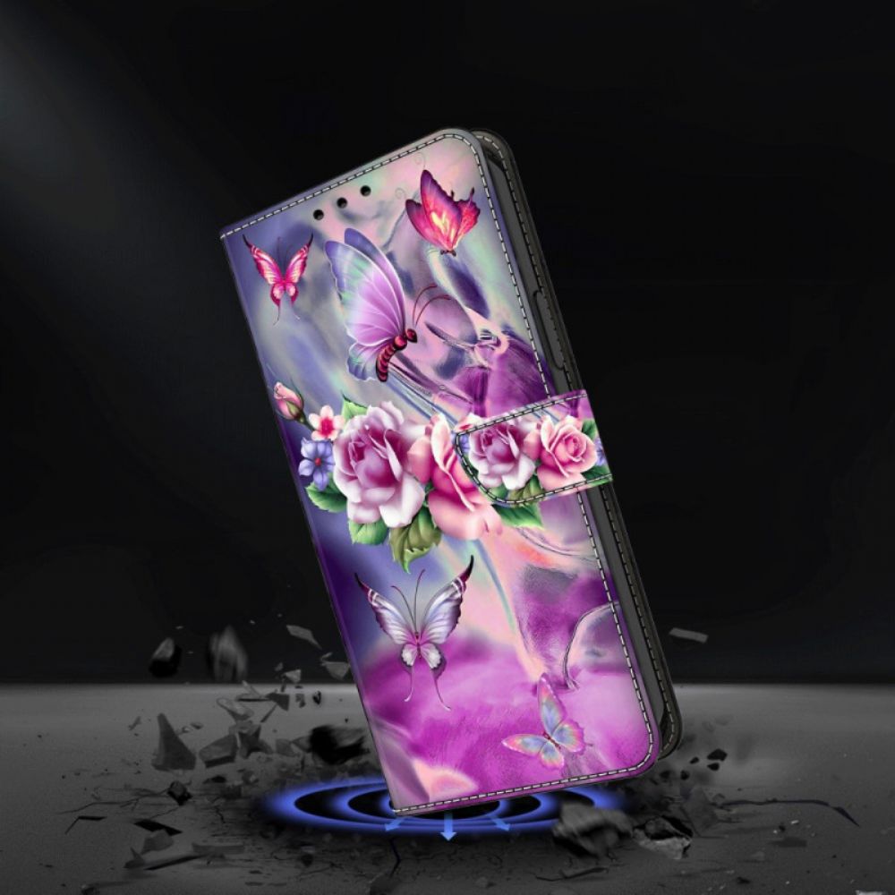 Lederhüllen Oppo A98 5g Schmetterlinge Und Violette Blumen