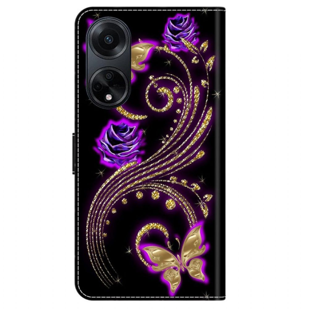 Lederhüllen Oppo A98 5g Violette Blumen Und Schmetterlinge