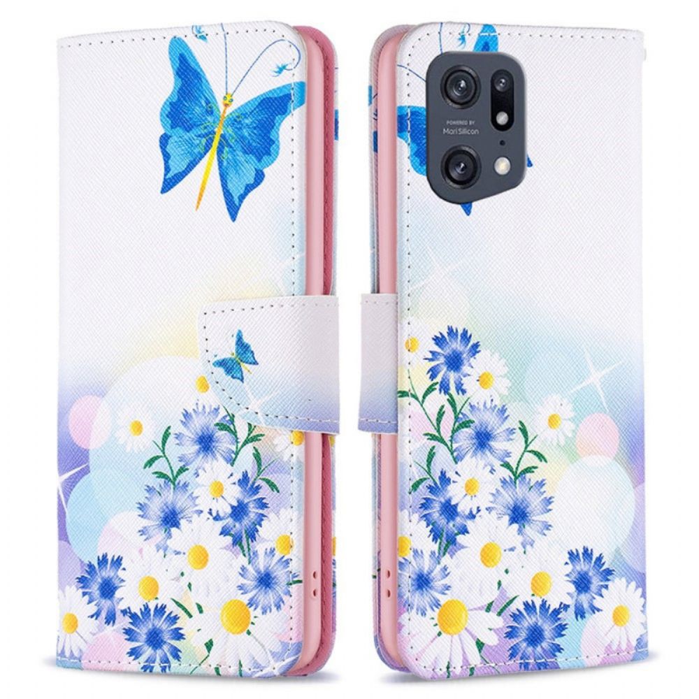 Flip Case Für Oppo Find X5 Pro Aquarell Schmetterlinge