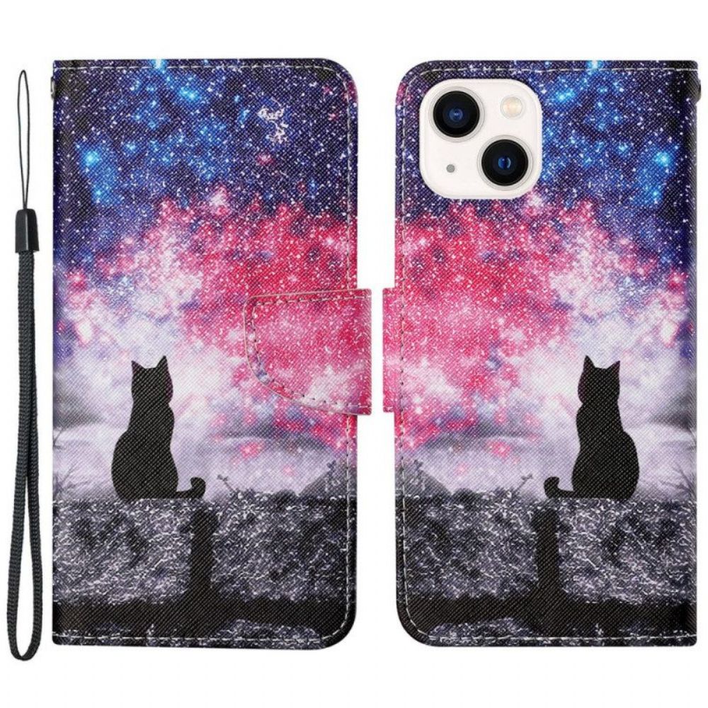 Flip Case Für iPhone 15 Mit Kordel Mondscheinkatze Mit Riemen