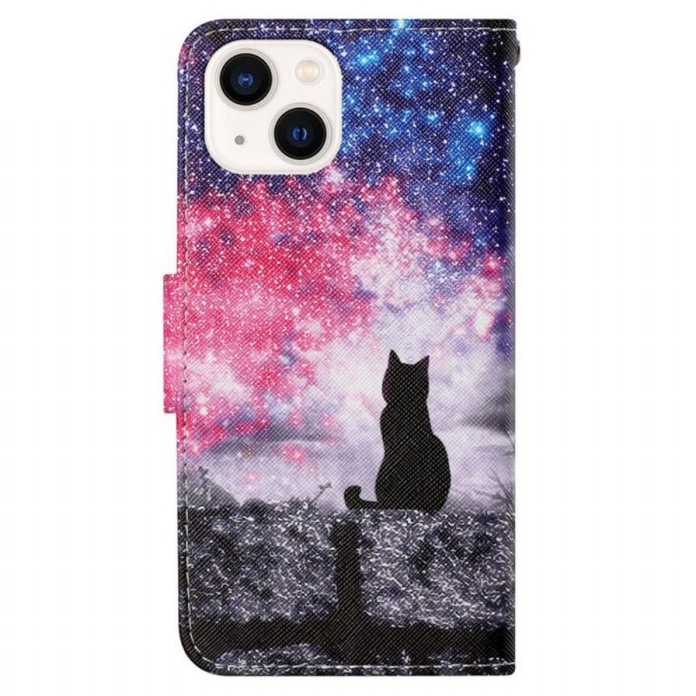 Flip Case Für iPhone 15 Mit Kordel Mondscheinkatze Mit Riemen