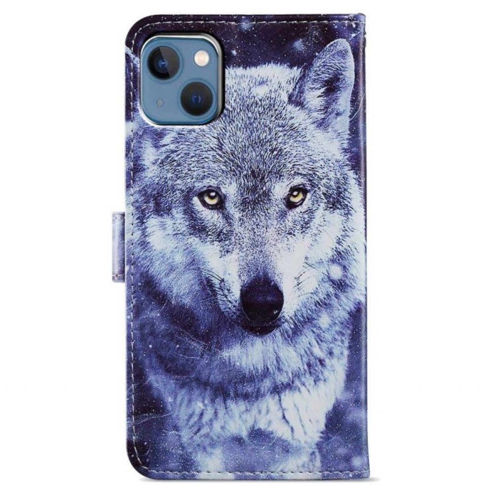 Flip Case Für iPhone 15 Mit Kordel Weißer Wolf Mit Riemen