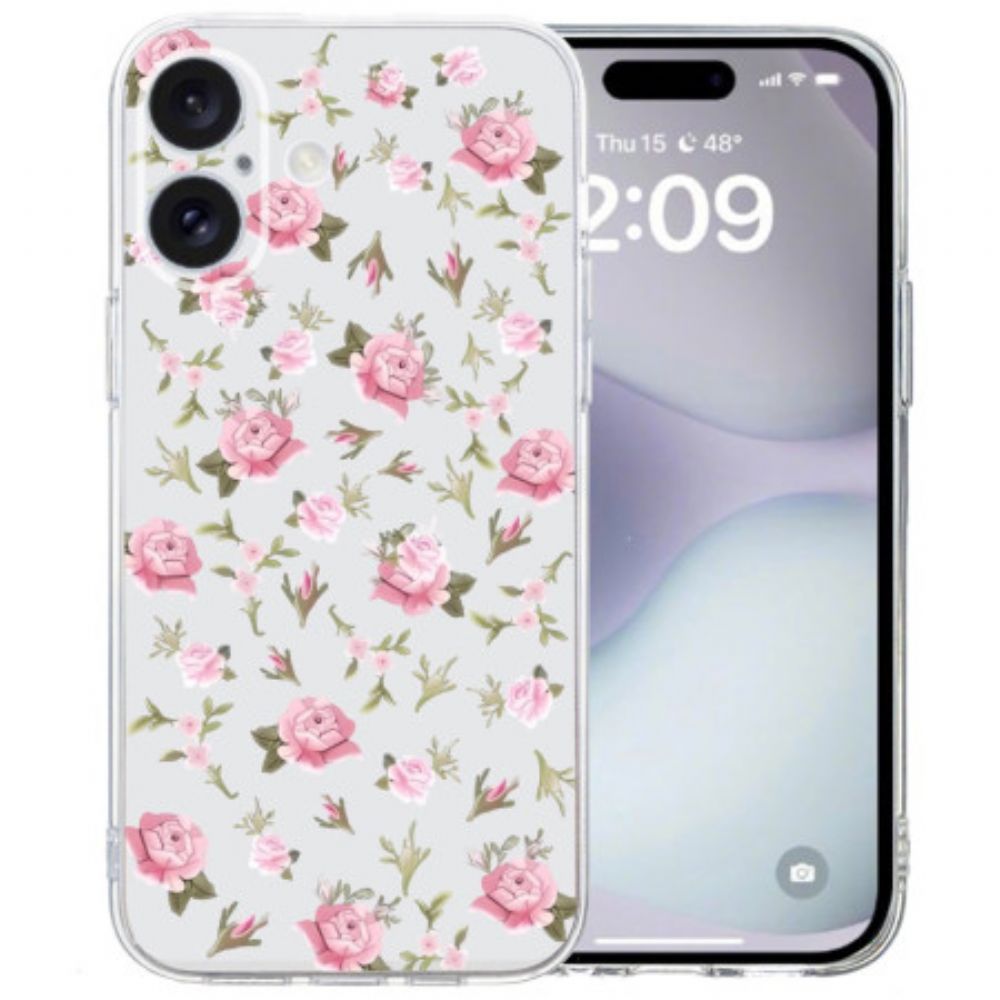 Hülle iPhone 16 Handyhülle Rosa Blumen Mit Transparentem Rand