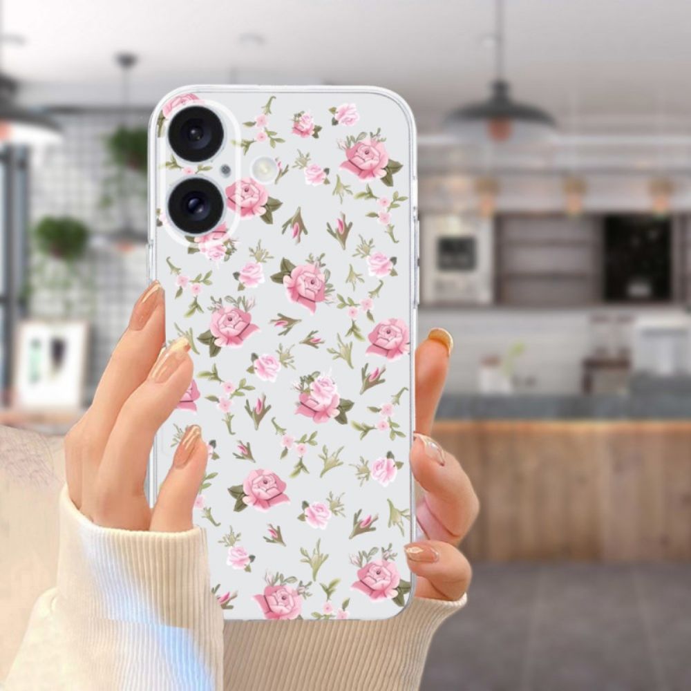 Hülle iPhone 16 Handyhülle Rosa Blumen Mit Transparentem Rand