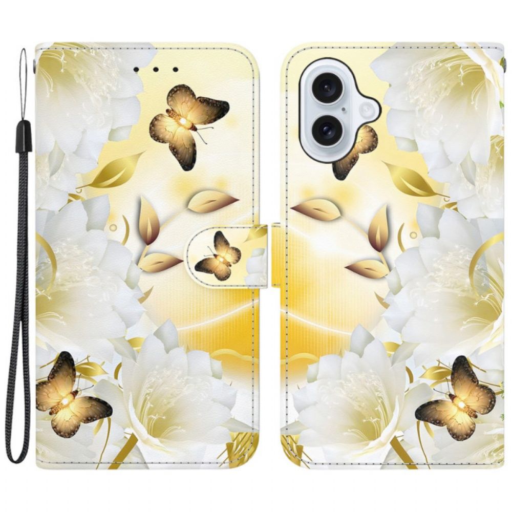 Lederhüllen Für iPhone 16 Goldene Schmetterlinge Und Weiße Blumen Mit Riemen