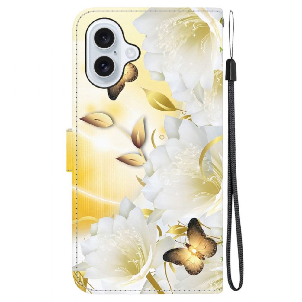 Lederhüllen Für iPhone 16 Goldene Schmetterlinge Und Weiße Blumen Mit Riemen