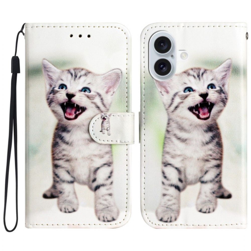 Lederhüllen Für iPhone 16 Kleine Katze Mit Riemen