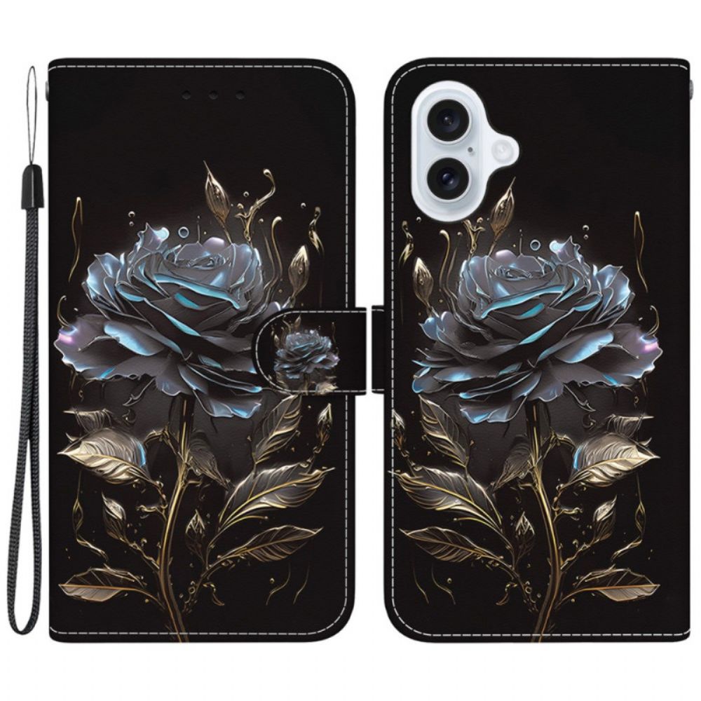 Lederhüllen iPhone 16 Handyhülle Schwarze Rose Mit Riemen