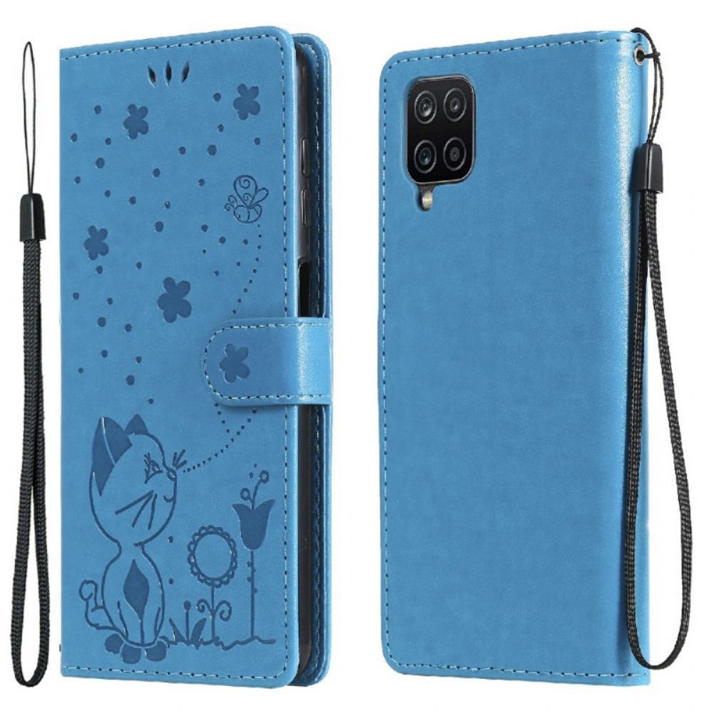 Flip Case Für Samsung Galaxy A12 / M12 Mit Kordel Katze Und Biene Mit Riemen