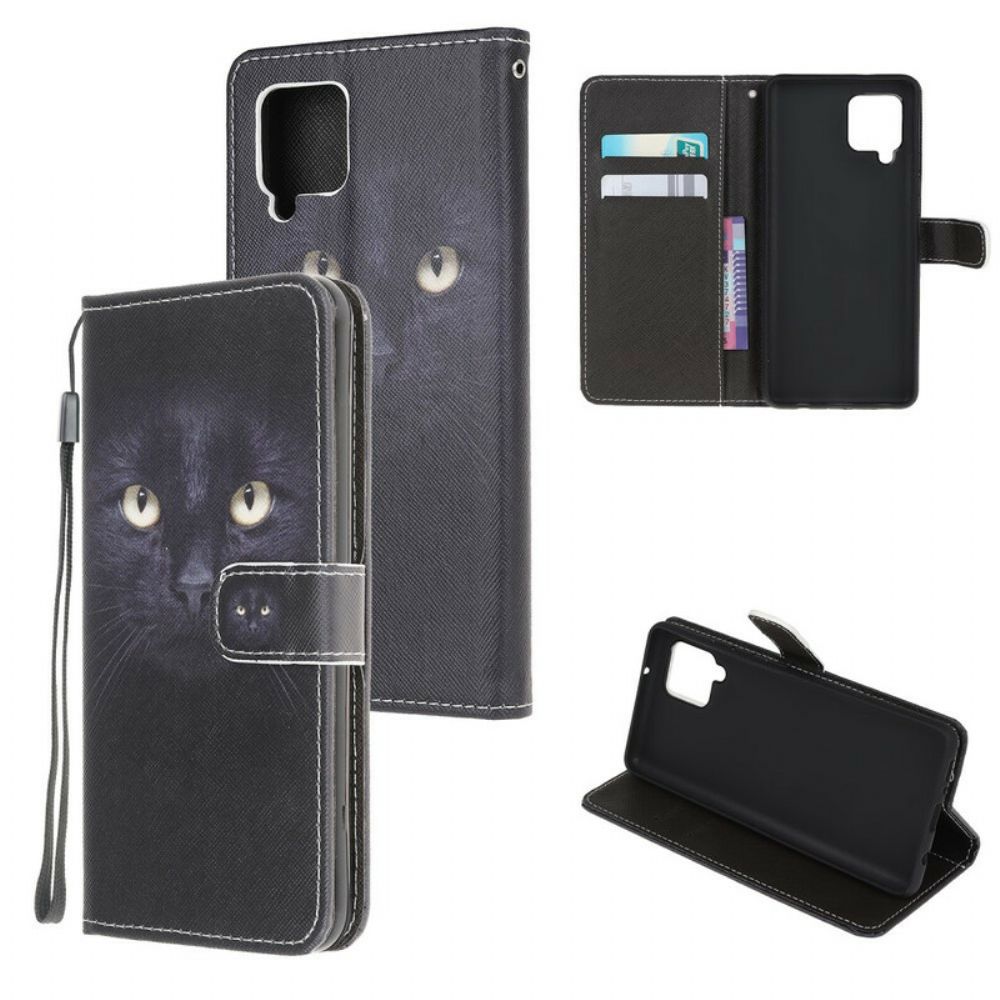 Flip Case Für Samsung Galaxy A12 / M12 Mit Kordel Schwarze Katzenaugen Mit Riemen