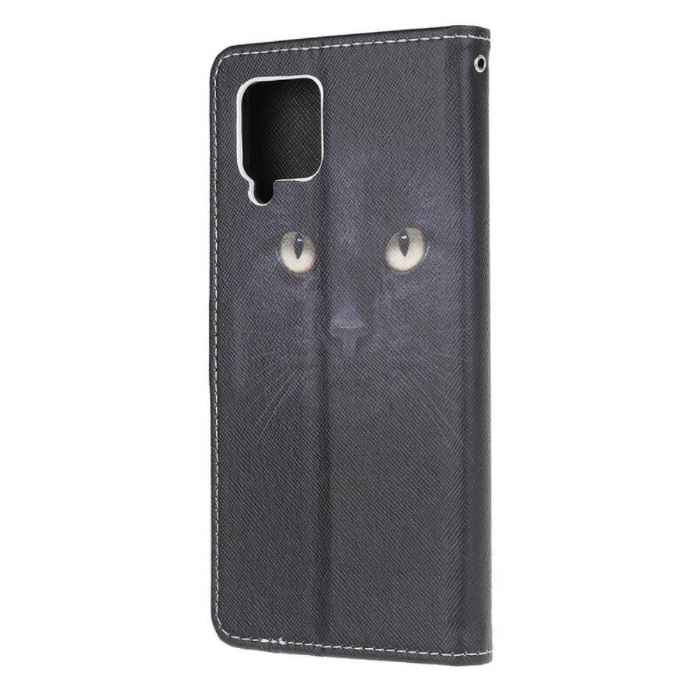 Flip Case Für Samsung Galaxy A12 / M12 Mit Kordel Schwarze Katzenaugen Mit Riemen