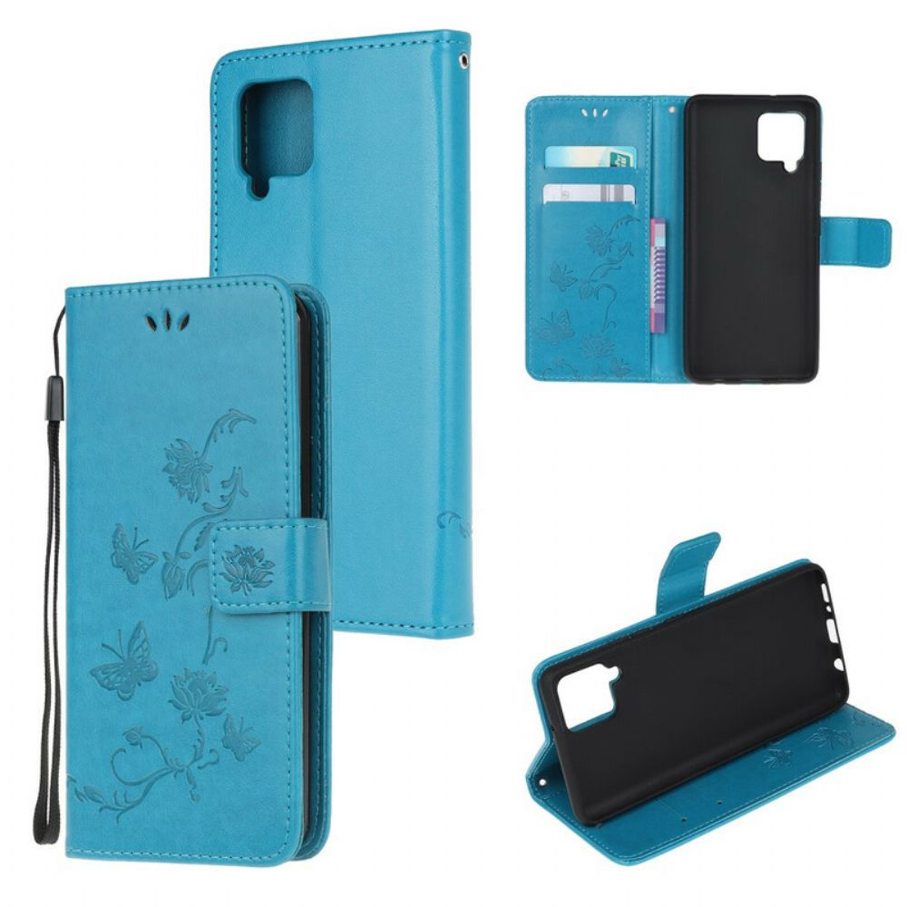 Flip Case Für Samsung Galaxy A12 / M12 Mit Kordel Tanga Schmetterlinge Und Blumen