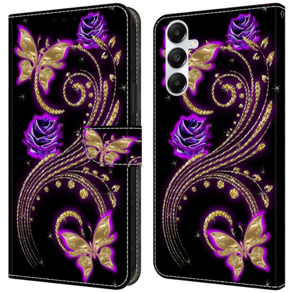 Lederhüllen Samsung Galaxy A55 5g Handyhülle Violette Blumen Und Schmetterlinge