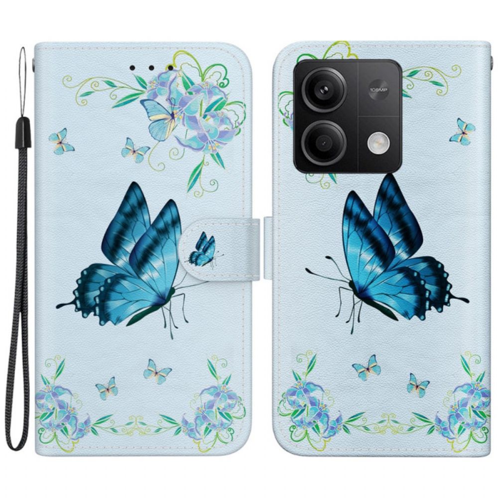 Lederhüllen Xiaomi Redmi Note 13 5g Handyhülle Blaue Schmetterlinge Und Blumen Mit Riemen