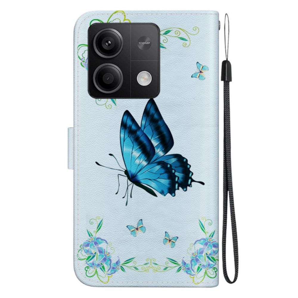 Lederhüllen Xiaomi Redmi Note 13 5g Handyhülle Blaue Schmetterlinge Und Blumen Mit Riemen