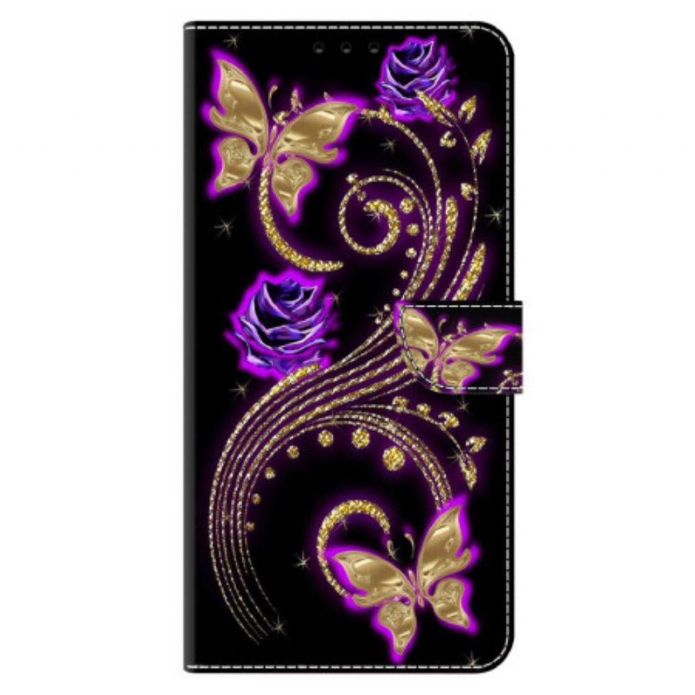 Lederhüllen Xiaomi Redmi Note 13 5g Handyhülle Violette Blumen Und Schmetterlinge