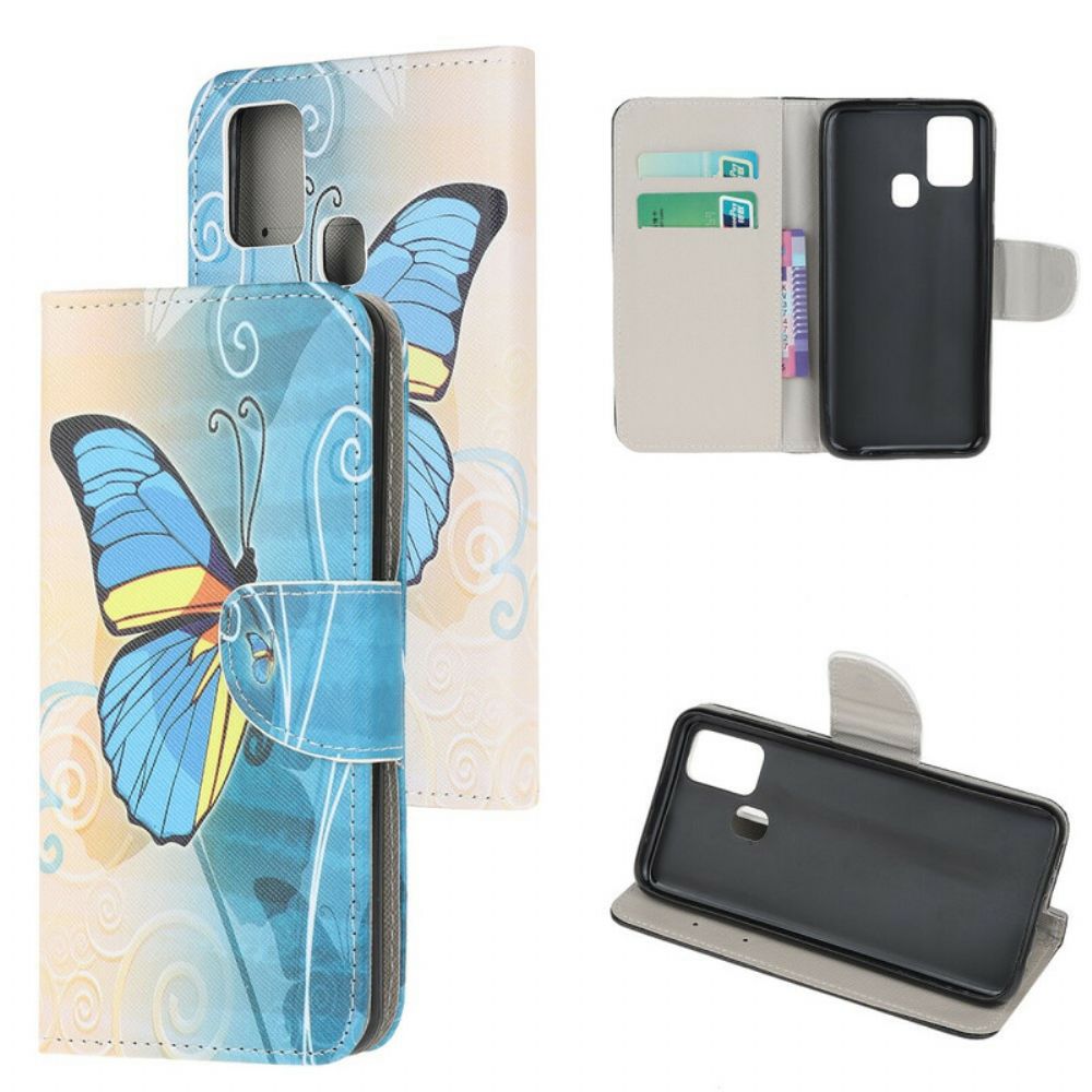 Flip Case Für Samsung Galaxy A21s Blauer Und Gelber Schmetterling