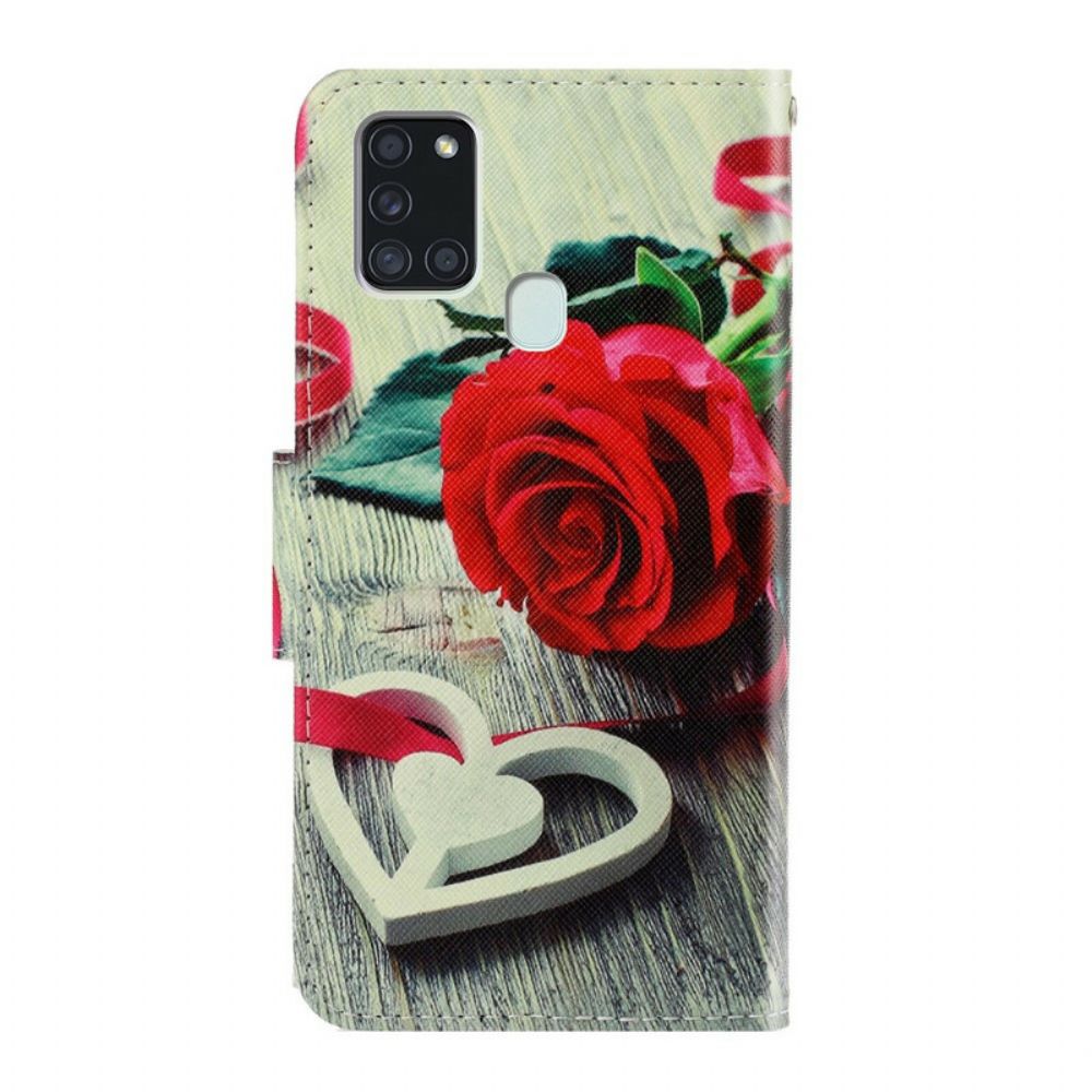 Flip Case Für Samsung Galaxy A21s Mit Kordel Bunte Riemenblumen