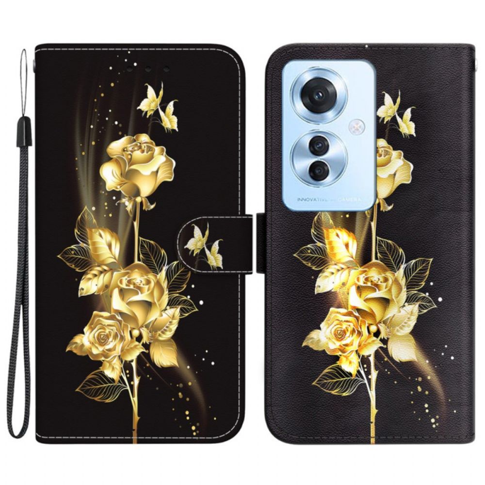 Lederhüllen Oppo Reno 11f 5g Goldene Schmetterlinge Und Rosen Mit Riemen