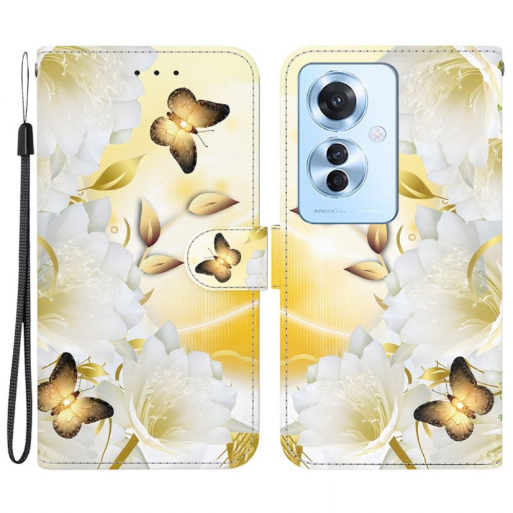 Lederhüllen Oppo Reno 11f 5g Goldene Schmetterlinge Und Weiße Blumen