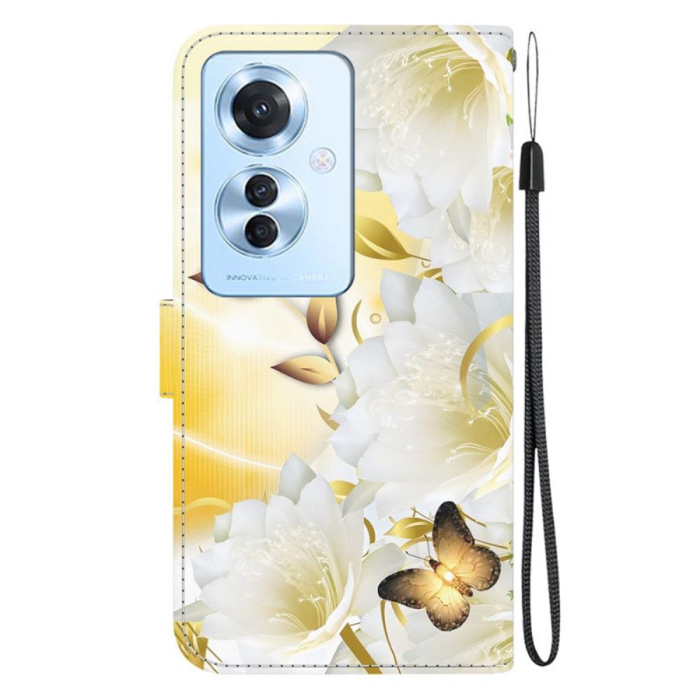 Lederhüllen Oppo Reno 11f 5g Goldene Schmetterlinge Und Weiße Blumen