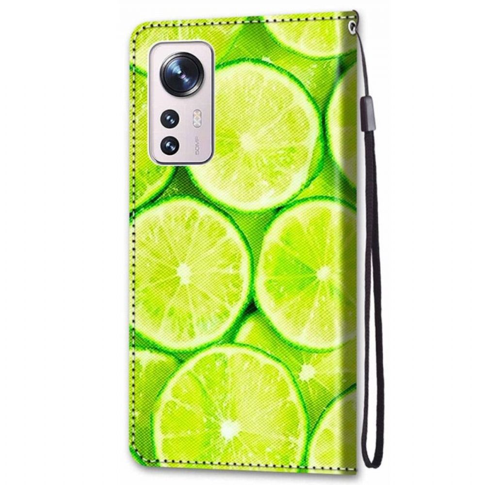 Flip Case Für Xiaomi 12 / 12X Mit Kordel Limettenstreifen