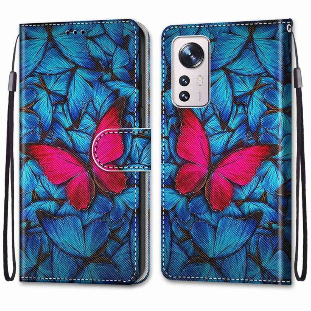 Flip Case Für Xiaomi 12 / 12X Mit Kordel Roter Schmetterling Mit Riemen