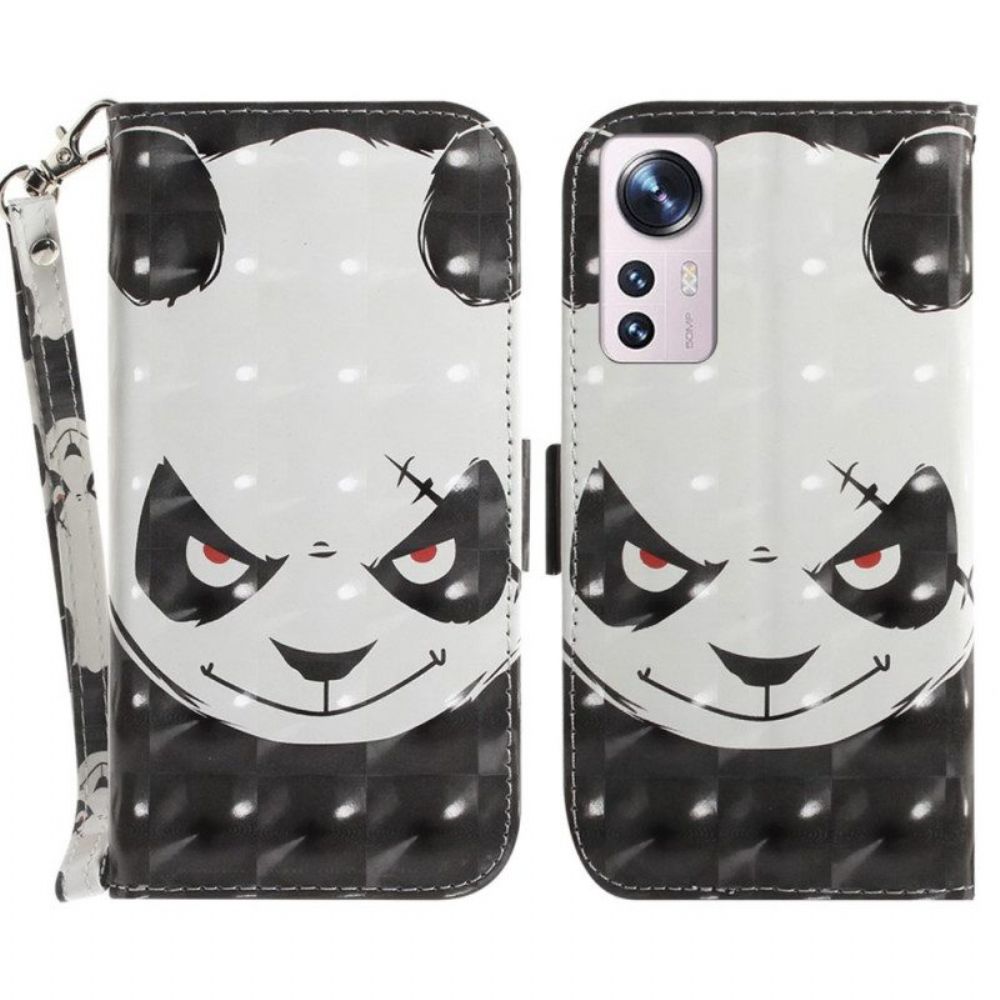 Flip Case Für Xiaomi 12 / 12X Mit Kordel Wütender Panda Mit Schlüsselband