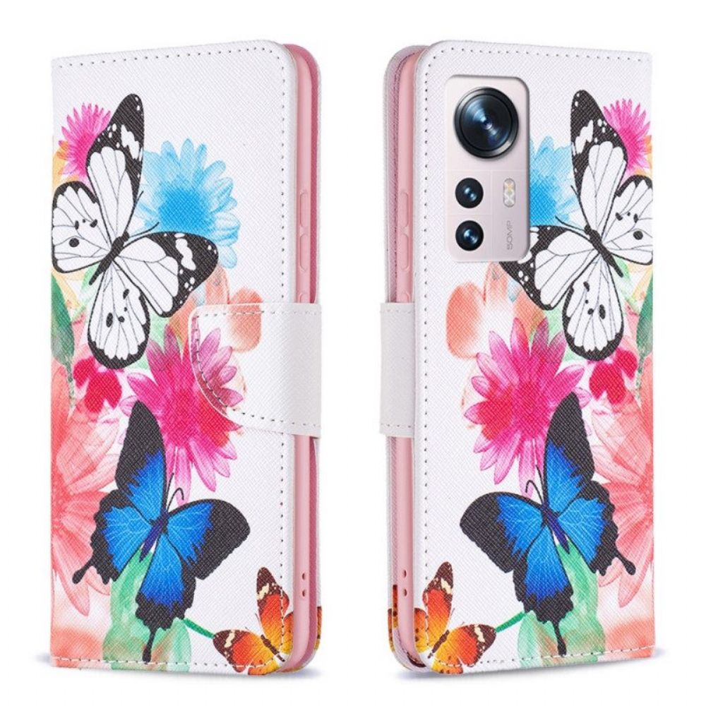 Lederhüllen Für Xiaomi 12 / 12X Bemalte Schmetterlinge Und Blumen