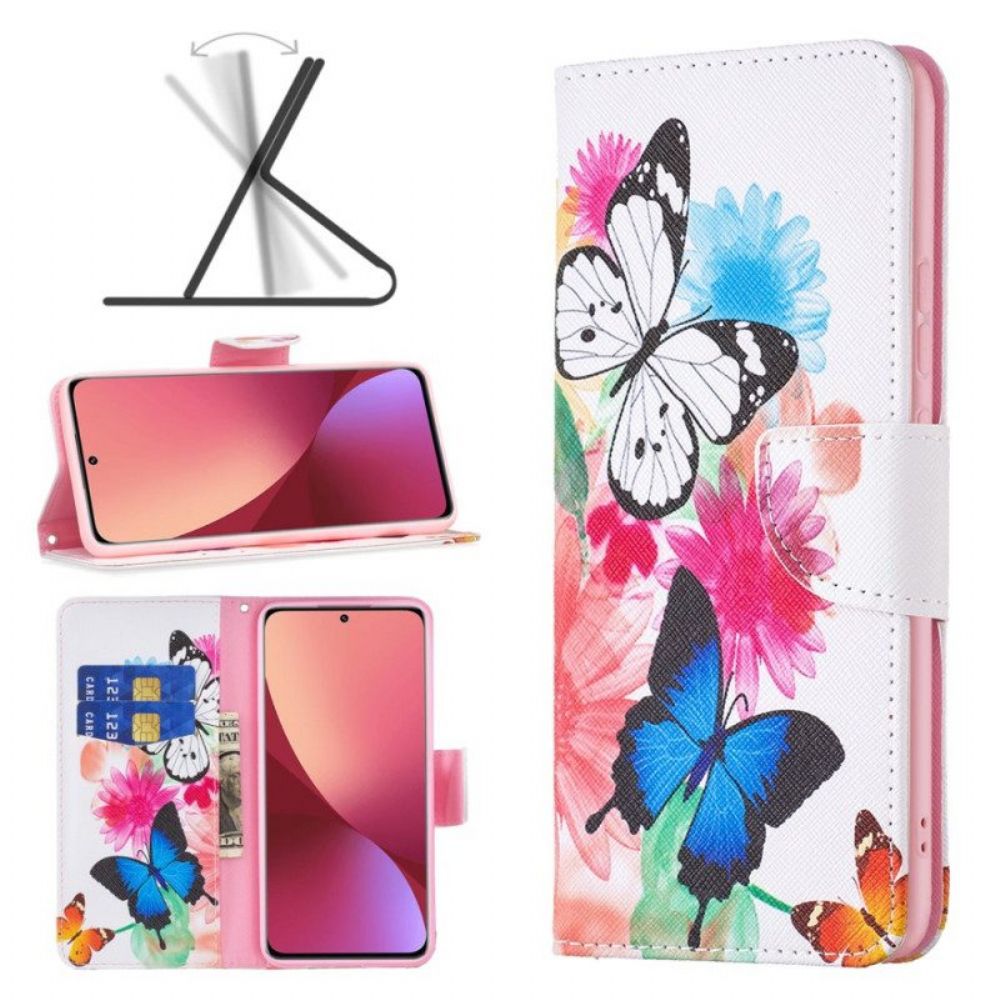 Lederhüllen Für Xiaomi 12 / 12X Bemalte Schmetterlinge Und Blumen