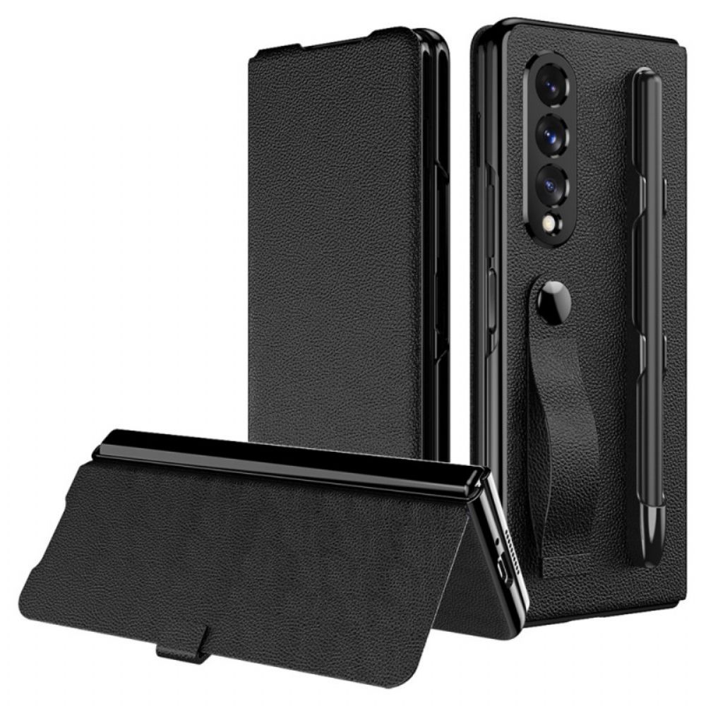 Schutzhülle Für Samsung Galaxy Z Fold 3 5G Flip Case Stylus-halter Und Riemen Im Litchi-leder-stil